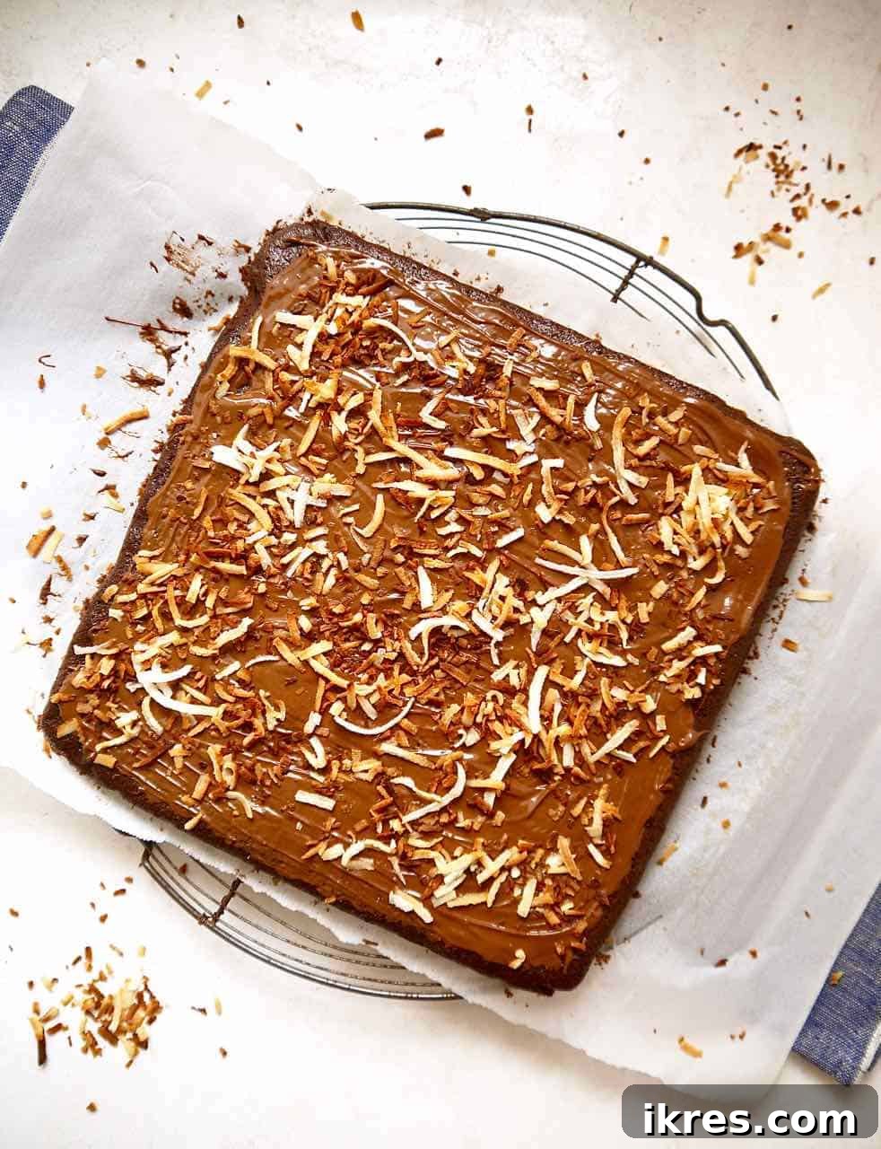 Gluten-Free Toasted Coconut Cloud Brownies 8 The final touch: toasted coconut being sprinkled generously on top of the melted chocolate layer.