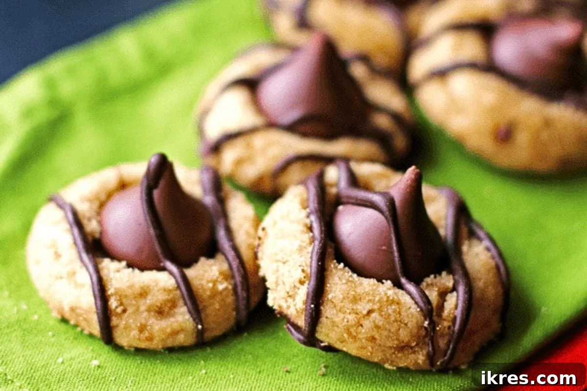 Classic Peanut Butter Kiss Cookies, enhanced with drizzled melted chocolate
