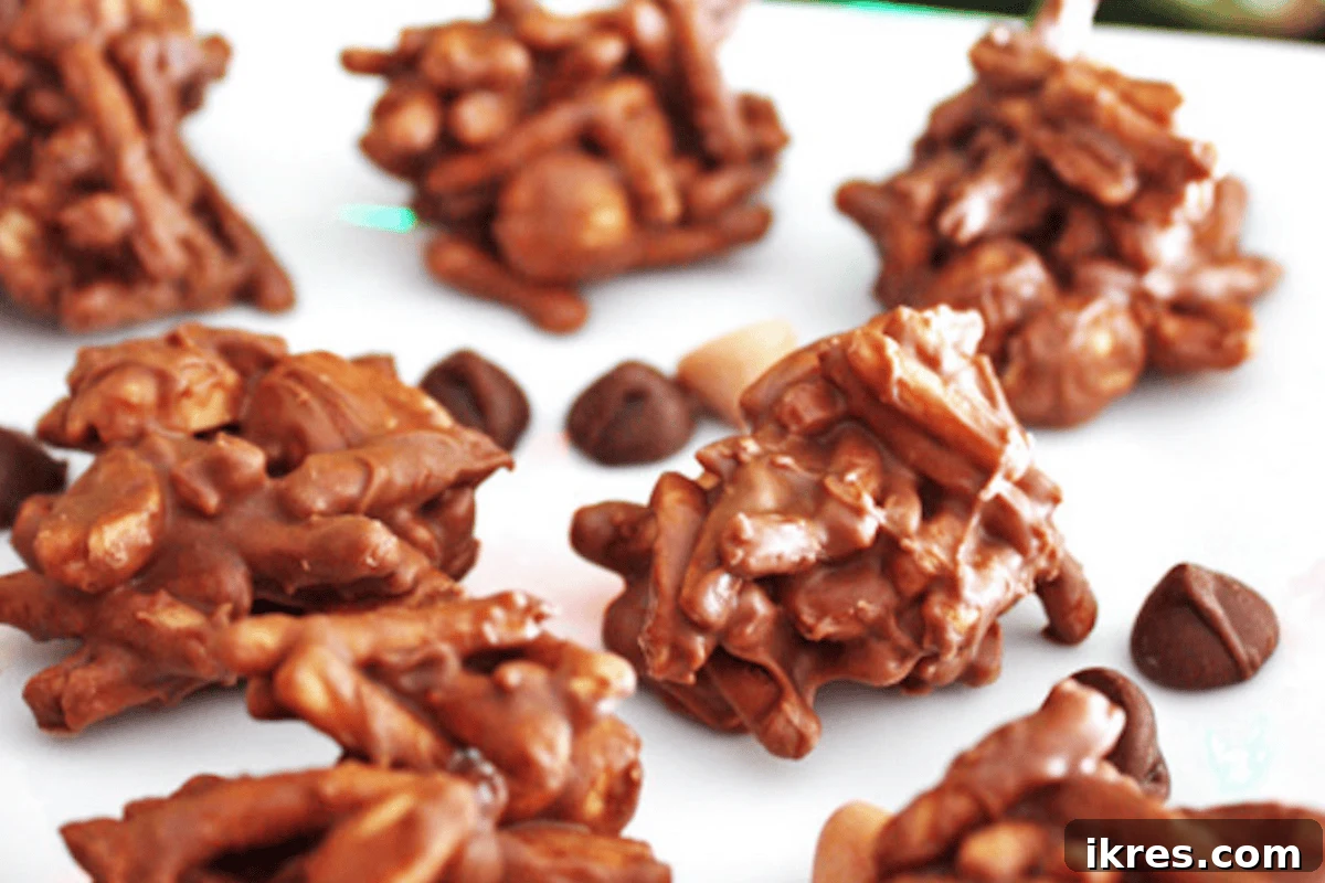Easy no-bake Haystack Cookies with chocolate, butterscotch, peanuts, and chow mein noodles