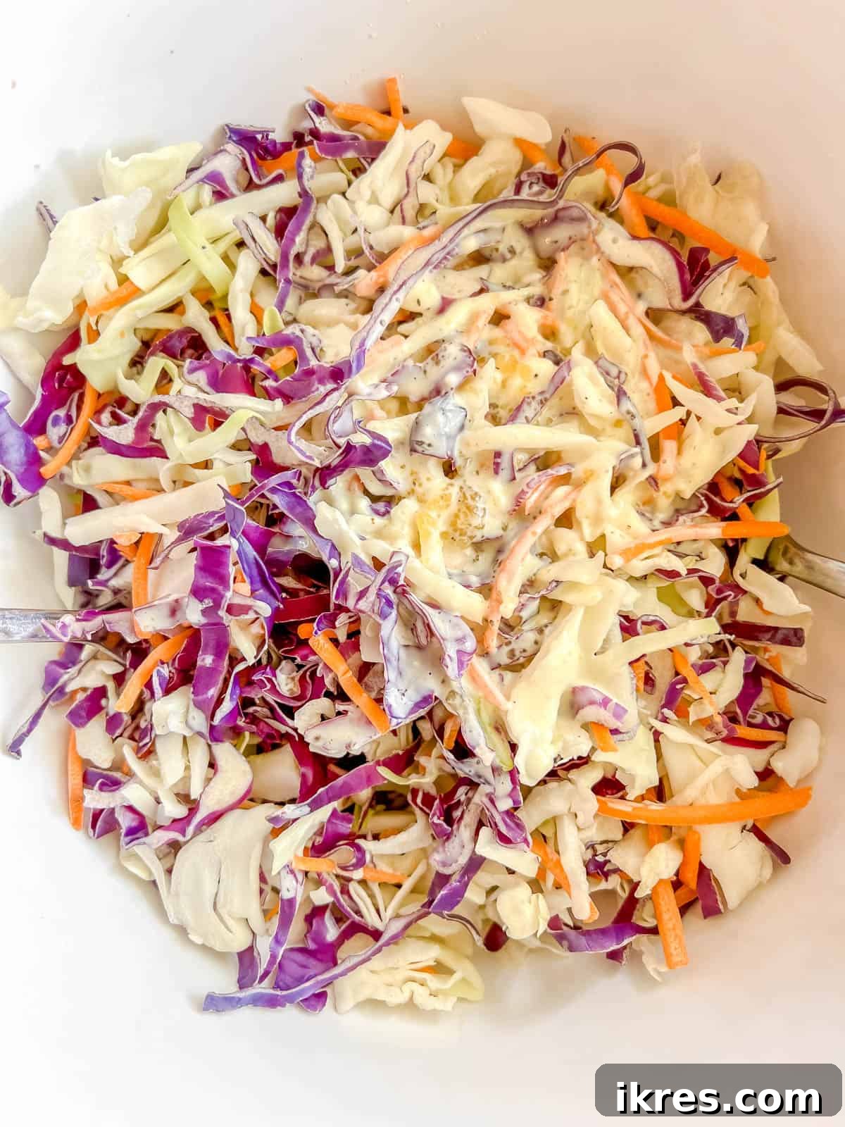 Paleo Berry Chia Slaw: A Dairy-Free Superfood Twist 5 Cabbage, carrots and dressing in a bowl.