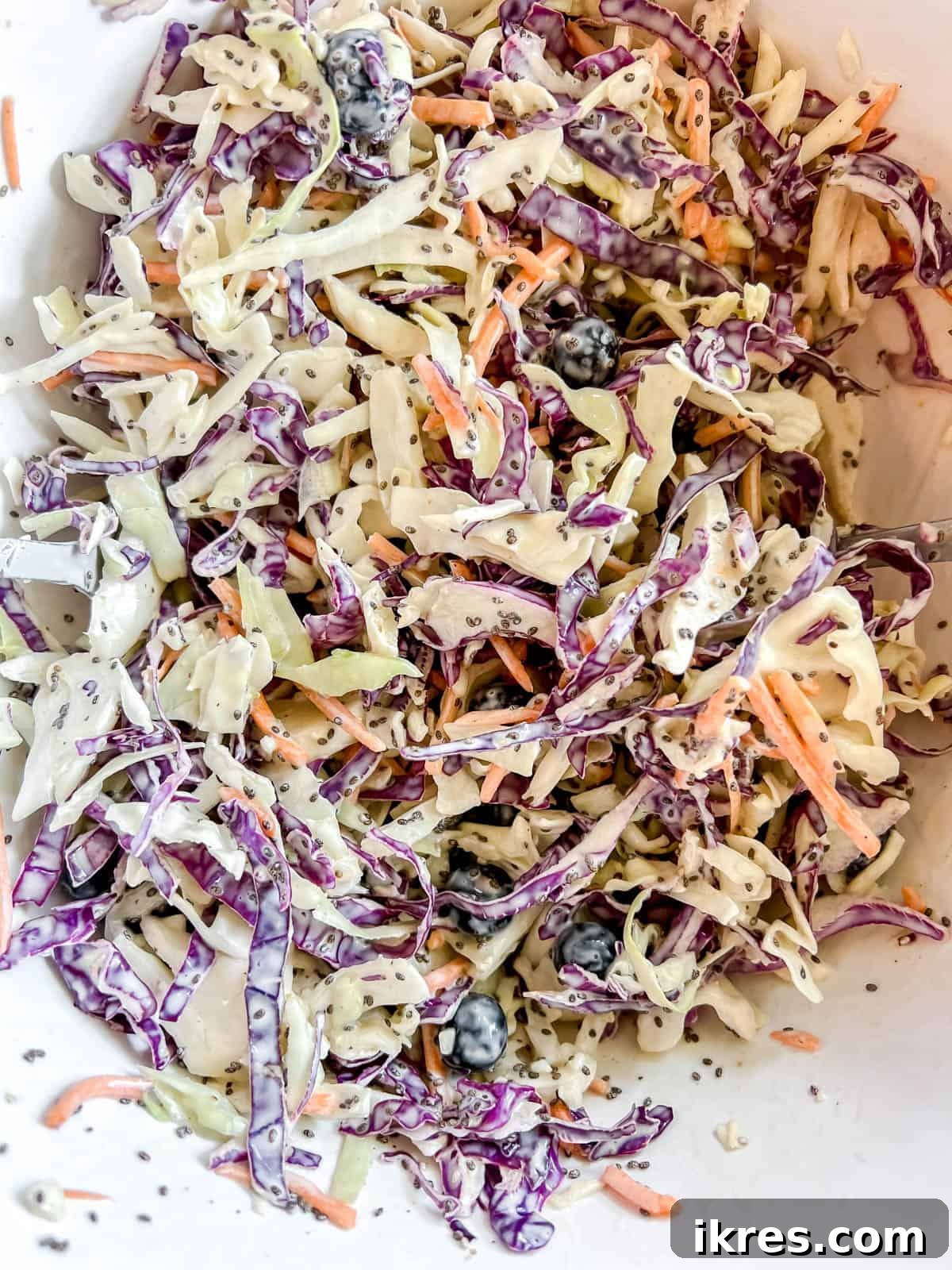 Paleo Berry Chia Slaw: A Dairy-Free Superfood Twist 7 Coleslaw with fruit mixed together.