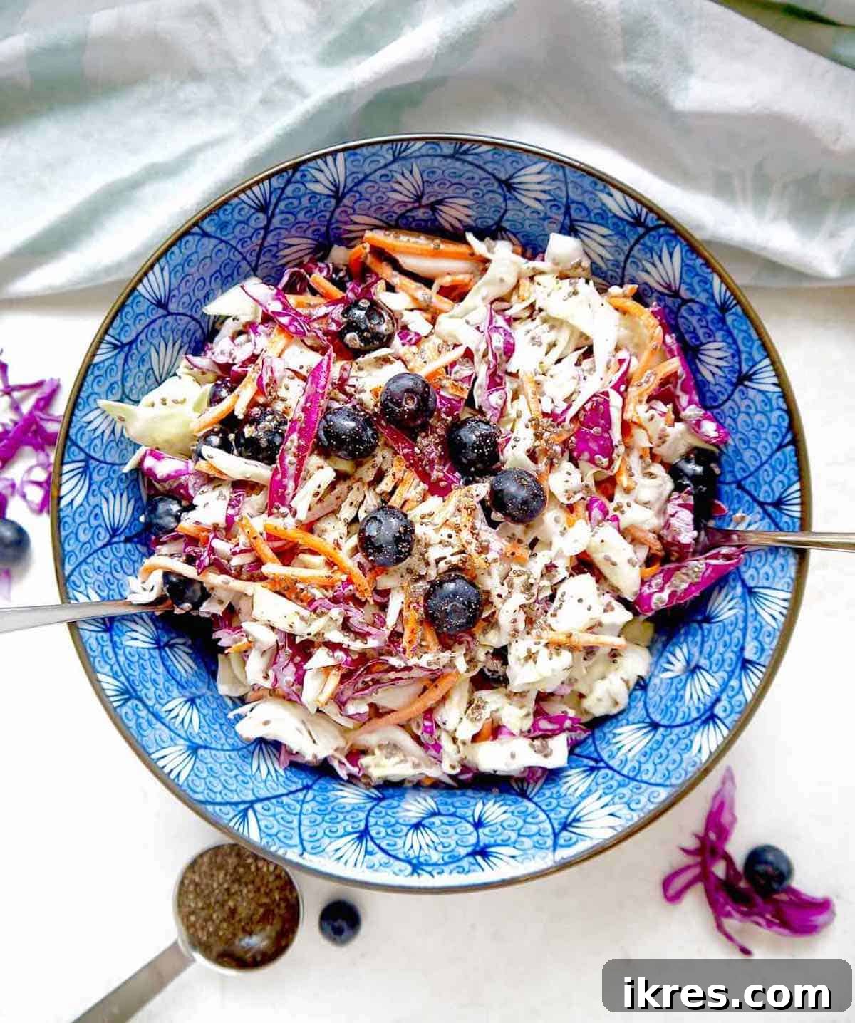 Paleo Berry Chia Slaw: A Dairy-Free Superfood Twist 9 Healthy coleslaw with blueberries and chia seeds mixed in.