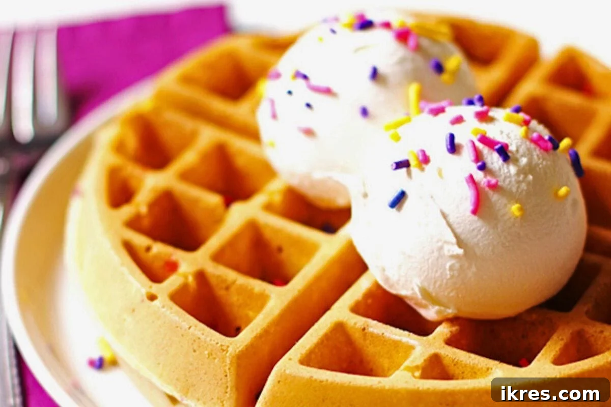 Vibrant Funfetti waffles adorned with festive red and green Christmas sprinkles, a joyful holiday breakfast for kids and adults alike.