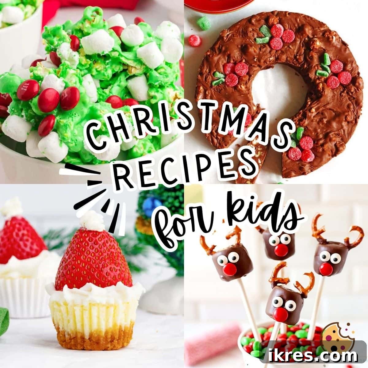 Christmas Treats for Little Chefs 2 A collage of images showing festive Christmas recipes for kids, including Grinch popcorn, chocolate fudge, Santa cheesecake bites, and reindeer pops. Perfect for holiday baking fun with family.