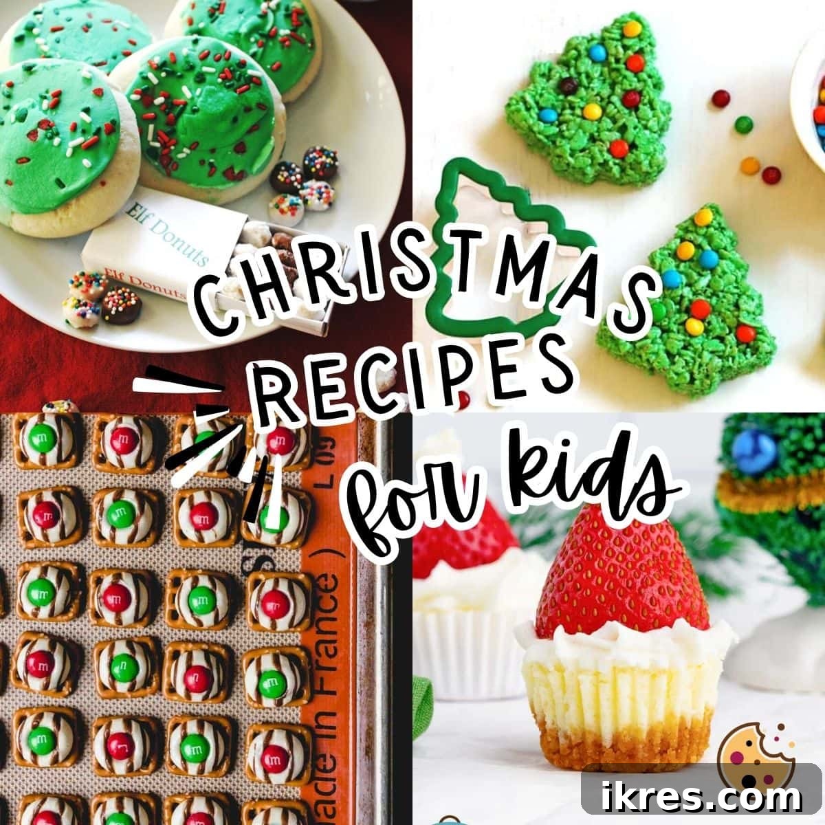 Christmas Treats for Little Chefs 18 A collage of images featuring easy Christmas recipes for kids, including elf donuts, Santa cheesecake bites, pretzel hugs, and rice krispie treat trees, perfect for festive holiday baking.