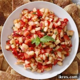 Fresh Apple Salsa with Strawberries, a sweet and colorful fruit dip for cinnamon pita chips.