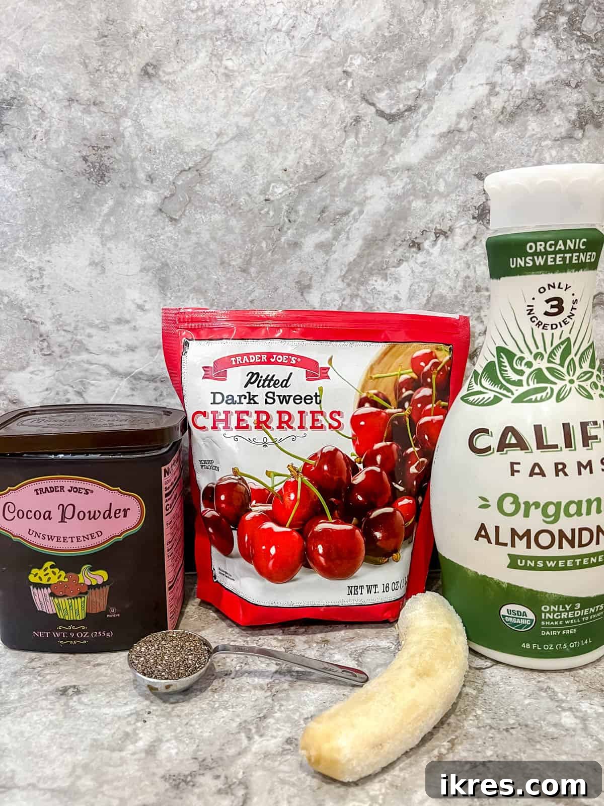 Velvet Chocolate Cherry Banana Delight 3 Ingredients needed to make a cherry cocoa smoothie.