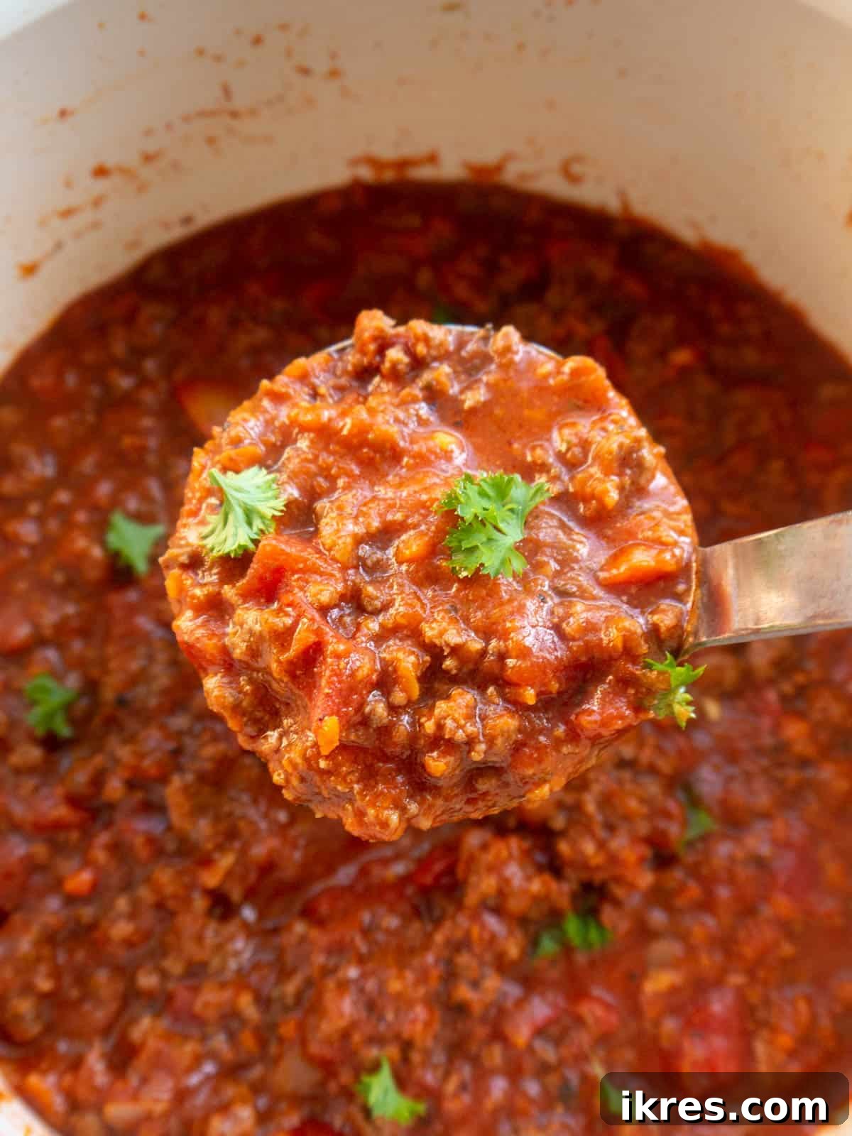 A ladle scooping up perfectly cooked, rich Bison Bolognese, showcasing its thick, savory texture and vibrant color.
