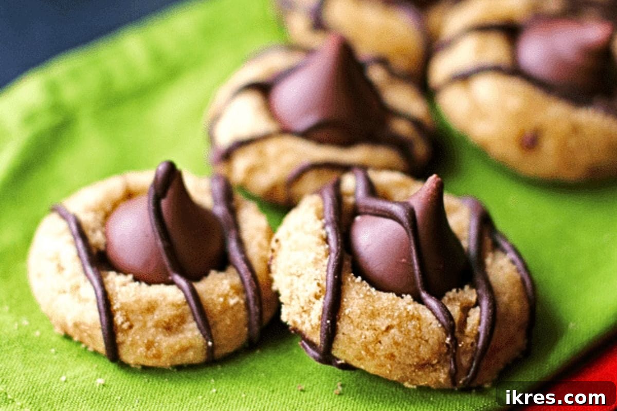 20 Essential Cookie Classics 19 Peanut Butter Kiss Cookies with a chocolate kiss in the center, drizzled with melted chocolate.
