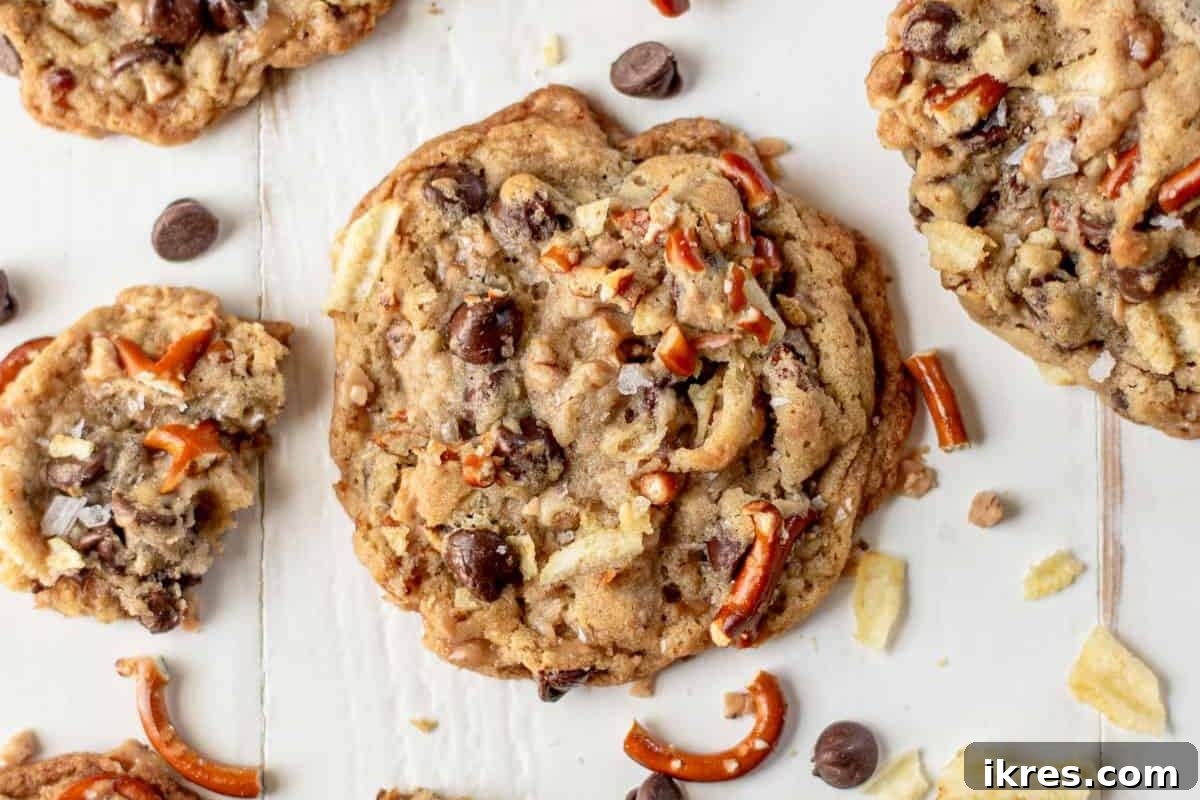 20 Essential Cookie Classics 7 Kitchen Sink Cookies packed with chocolate chips, pretzels, potato chips, and toffee bits.
