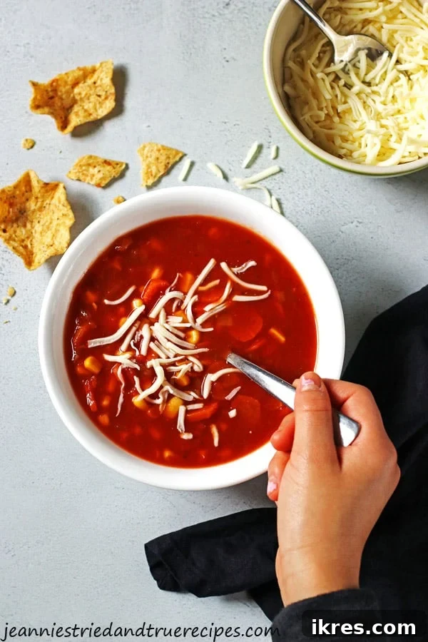 Effortless Crockpot Garden Harvest 2 A spoon in a bowl of vegetable soup, garnished with herbs.