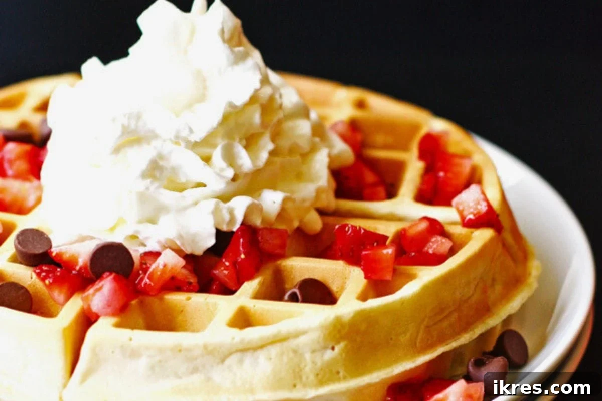 Ultimate Brunch Piled High Pancakes Waffles and Delicious Sauces 5 Golden-brown, fluffy homemade Belgian waffles, perfectly crisp on the outside and tender inside, ready to be topped.