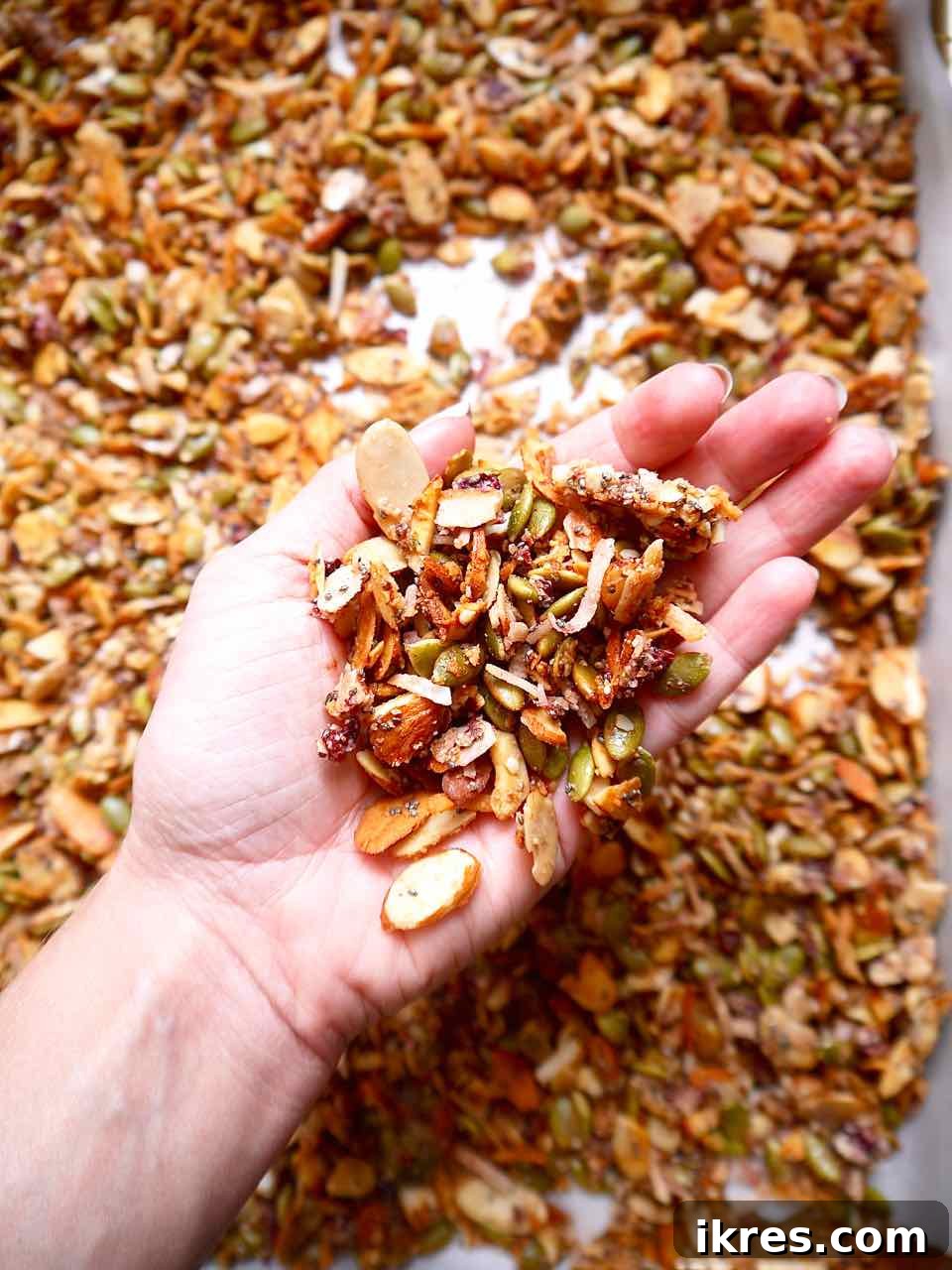 Irresistible Grain-Free Cherry Granola 3 Cherry granola in someone's hands, showcasing its crunchy texture and vibrant color.