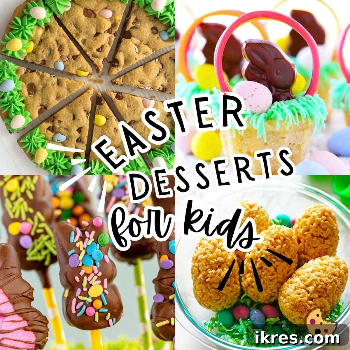 Kid-Approved Easter Sweets 2 A collage of images featuring easy and cute Easter desserts including Easter Cookie Cake, Rice Krispies Eggs, Marshmallow Peep Pops, and Sugar Cookie Easter Baskets, all adorned with spring colors and festive decorations.