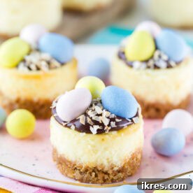 Cadbury Mini Eggs Cheesecake bites, elegantly topped with rich ganache, toasted coconut, and additional Cadbury mini eggs, presented as an easy and festive Easter dessert perfect for parties.