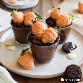 Carrot Patch Dirt Cups, featuring chocolate pudding topped with crushed Oreos and realistic chocolate-covered strawberry 