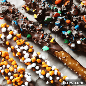 Delicious chocolate-covered pretzel rods, artfully decorated and displayed as a sweet and salty treat perfect for any holiday celebration, showcasing a quick and easy recipe.
