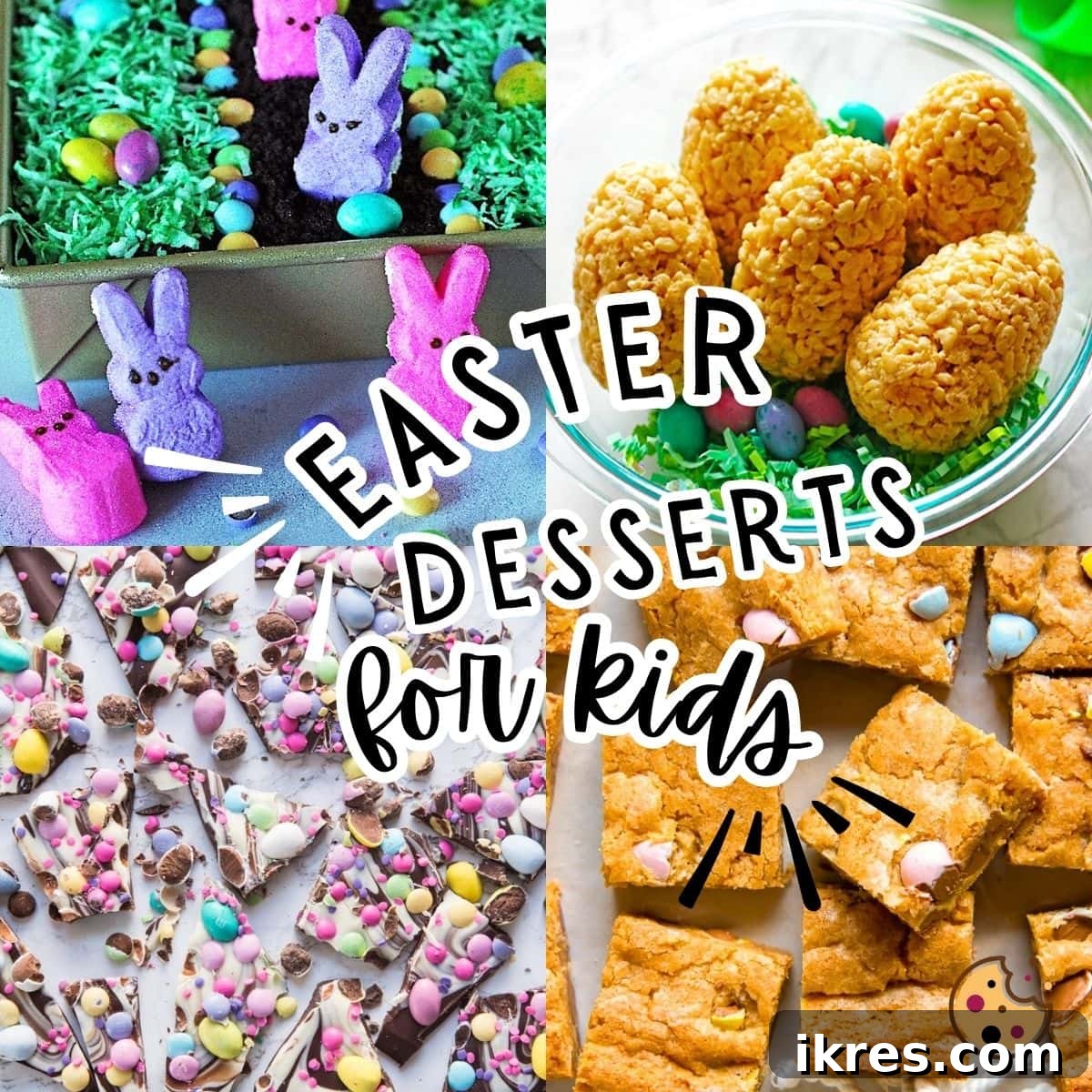 Kid-Approved Easter Sweets 22 A vibrant collage of irresistible Easter dessert ideas for kids, featuring Easter Dirt Cake, Cadbury Egg Blondies, Cadbury Egg Bark, and Rice Krispies Eggs, all decorated with festive themes.