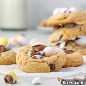 Soft Mini Egg Cookies (No Chill) loaded with colorful candy-coated eggs and chocolate chips, described as chewy, buttery, quick, easy, and perfect for Easter.