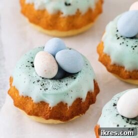 Robin’s Egg Mini Bundt Cakes, a delicious and pretty springtime treat, featuring a moist vanilla cake flavored with lemon and topped with a sweet glaze decorated to look like a robin’s egg.