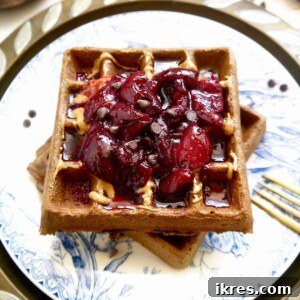 Decadent Grain-Free Chocolate Cherry Waffles 8 Cherry Chocolate Waffles with Cherry Compote {Paleo, GF} | Perchance to Cook, www.perchancetocook.com