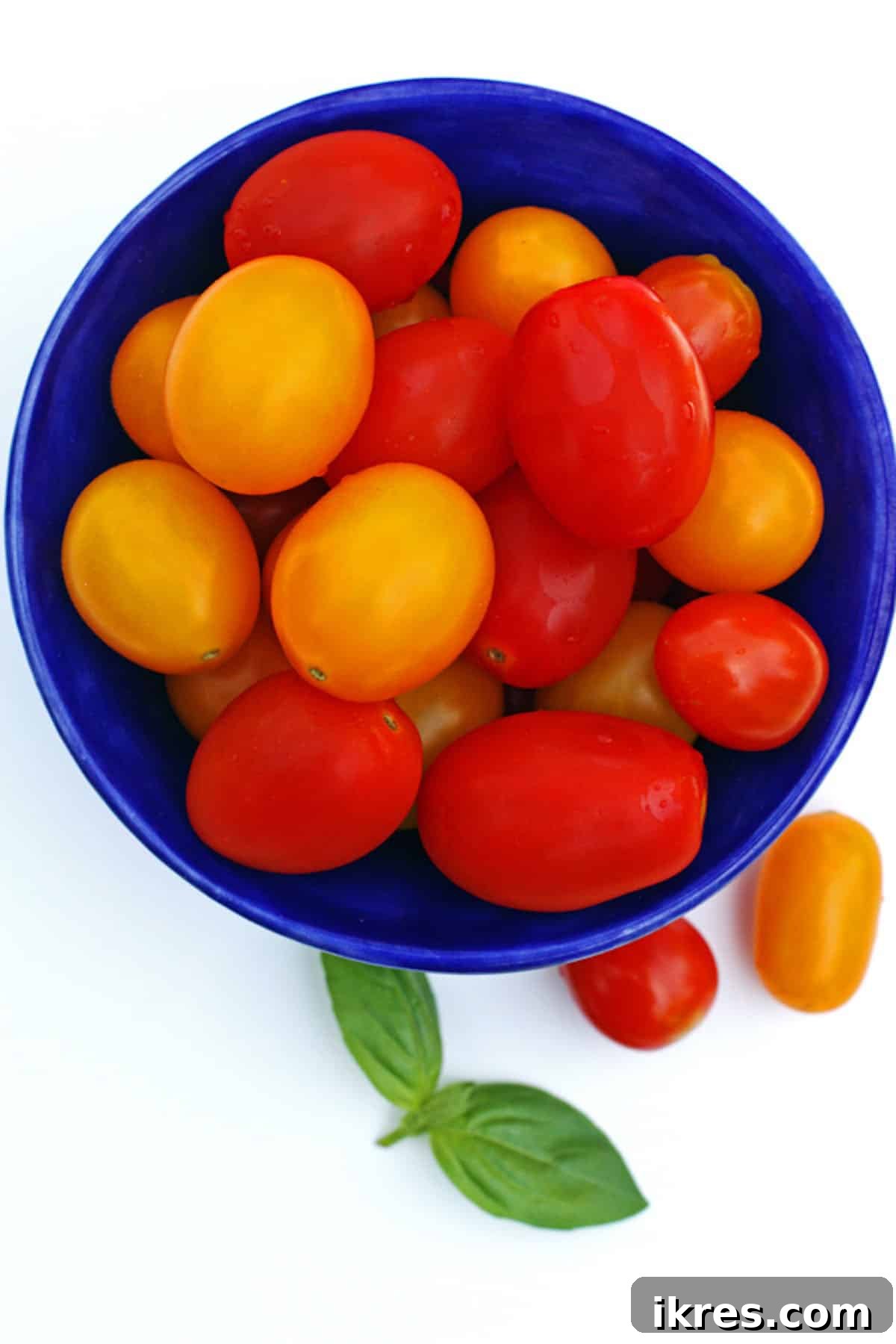 A blue bowl filled with vibrant cherry tomatoes, with fresh green basil leaves artfully placed on the side.