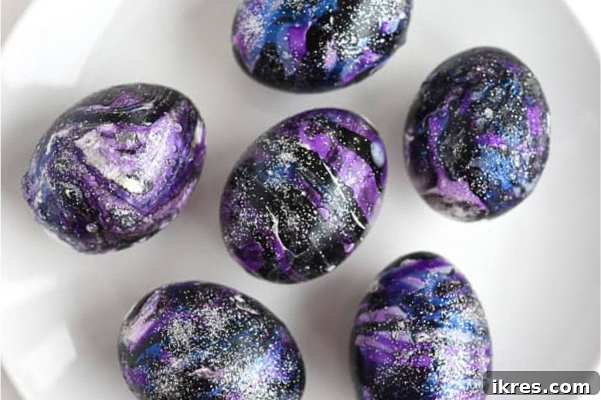 Stunning Galaxy Easter Eggs featuring intricate cosmic designs with starry specks.
