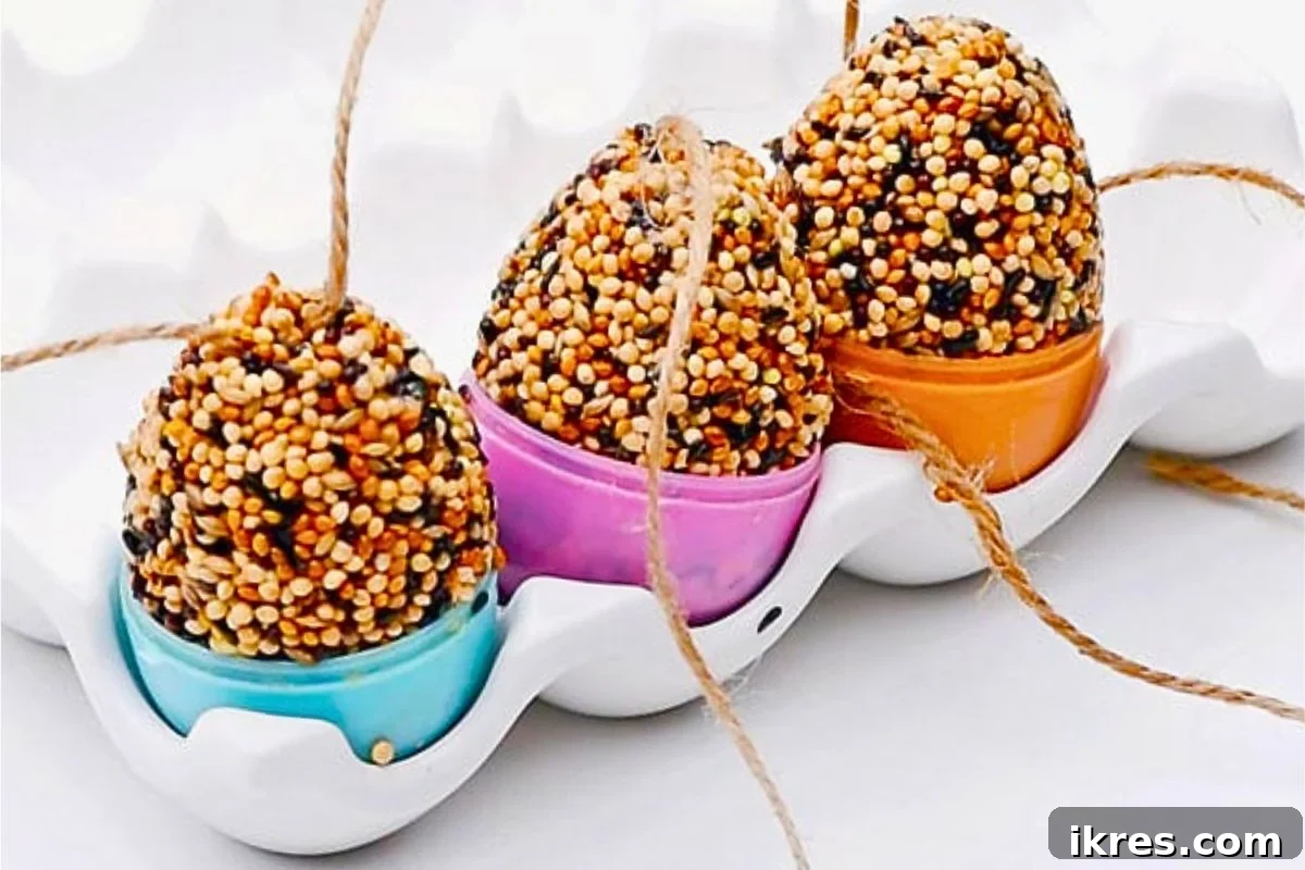 Charming Easter Egg Bird Feeder hanging, crafted from an eggshell and filled with birdseed.