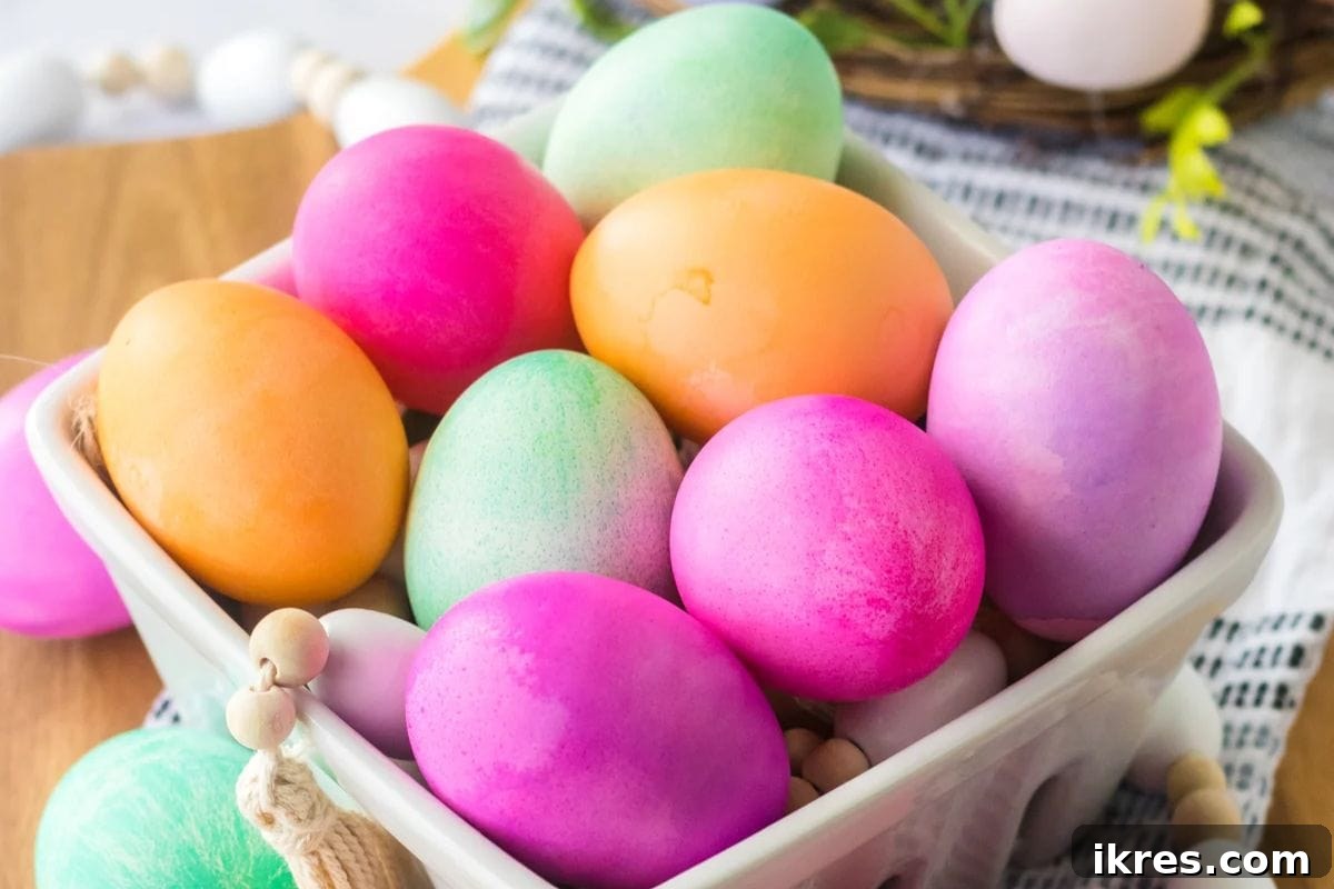 Vibrantly colored Easter eggs dyed using the slow cooker method with food coloring.