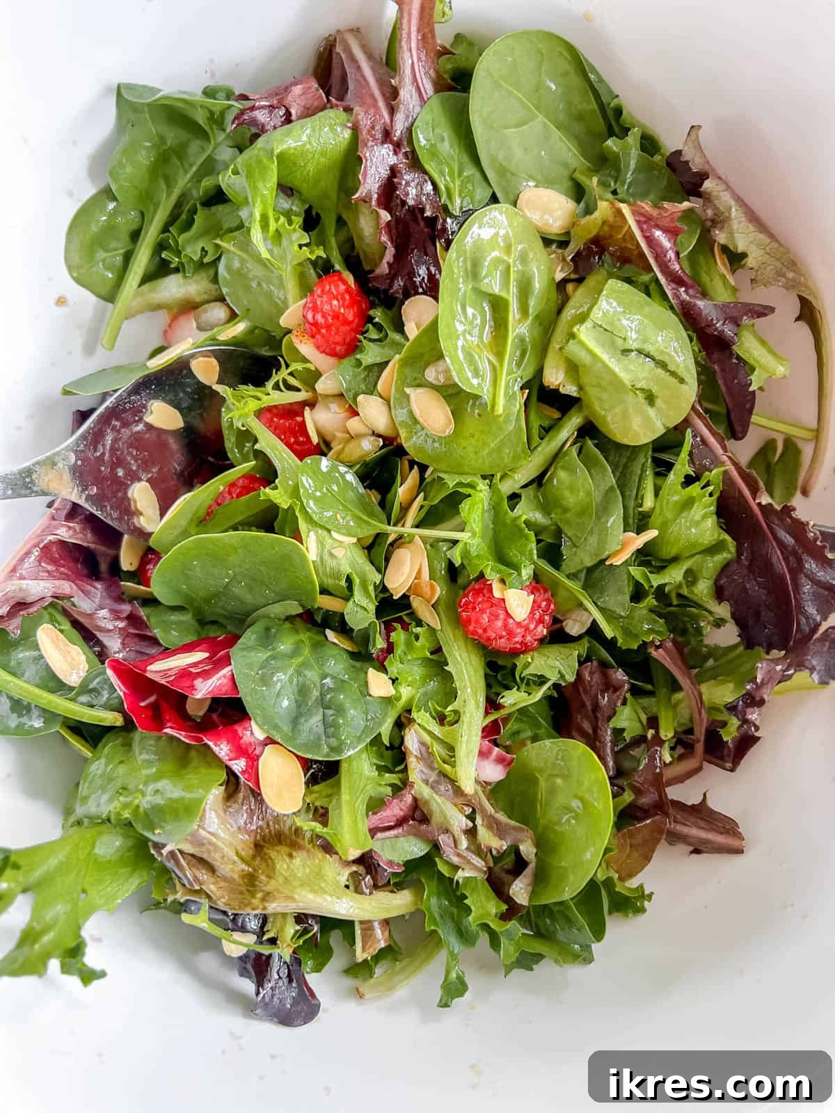 Vibrant Berry and Fig Salad with Creamy Chevre and Vanilla Vinaigrette 7 The vibrant berry and fig salad gently mixed with the fragrant vanilla vinaigrette, showcasing an even coating on all ingredients.