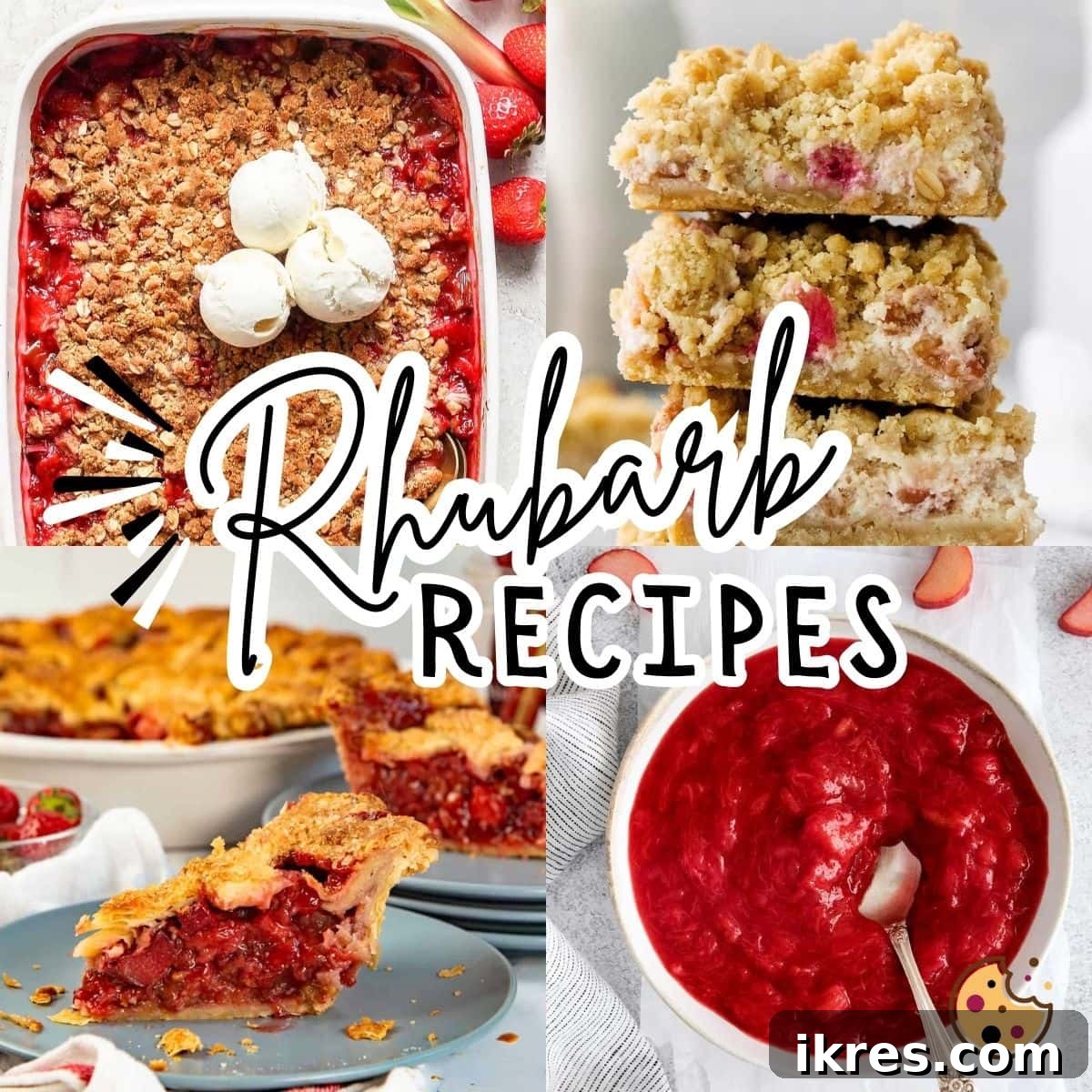 The Ultimate 20 Rhubarb Recipes for Your Spring Kitchen 17 A collage featuring more tempting rhubarb recipes: strawberry rhubarb pie, creamy rhubarb cream cheese bars, a rustic rhubarb crisp, and a simple rhubarb sauce.