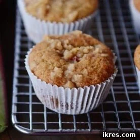 Moist Rhubarb Muffins, topped with a brown sugar streusel.