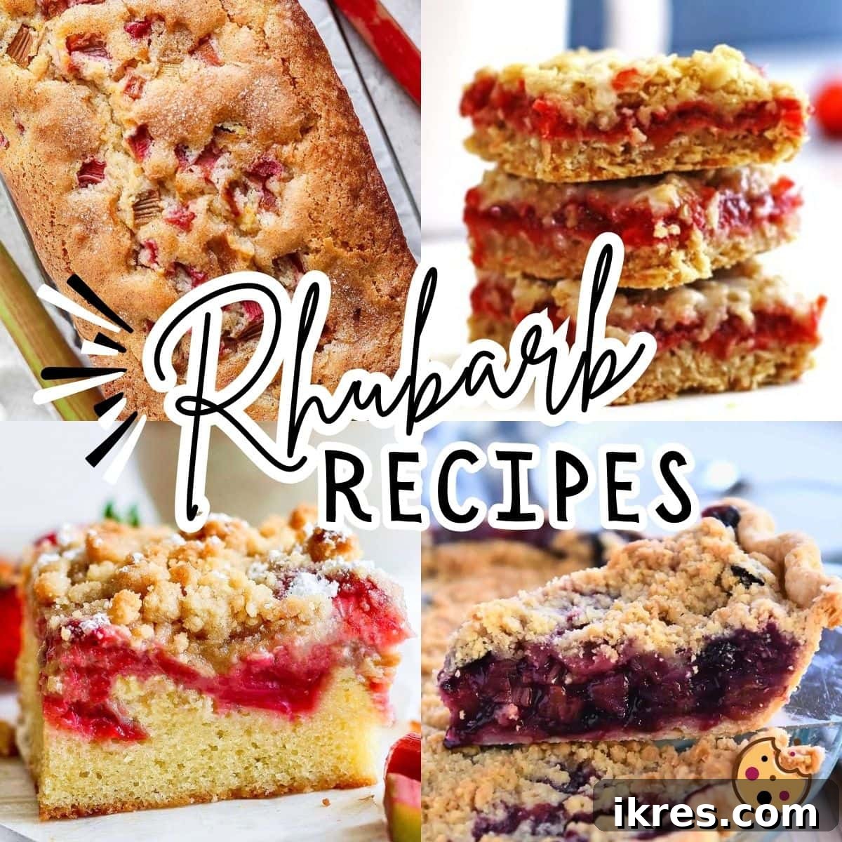 The Ultimate 20 Rhubarb Recipes for Your Spring Kitchen 25 A third collage of rhubarb recipes, highlighting freshly baked rhubarb bread, a berry rhubarb pie, and delectable strawberry rhubarb crumble bars.