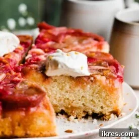 Rhubarb Upside Down Cake with caramelized rhubarb on top.