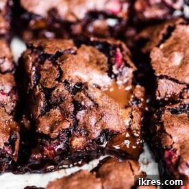 Rich Dark Chocolate Rhubarb Brownies with chocolate chips.
