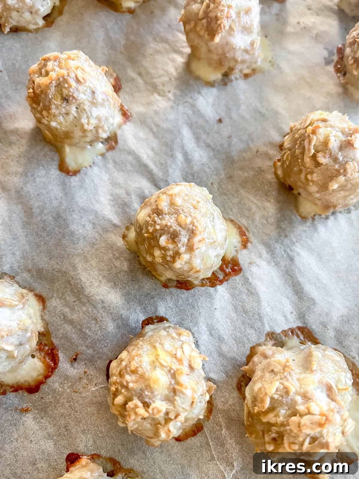 Baked golden-brown turkey meatballs fresh out of the oven, showing their crispy exterior.