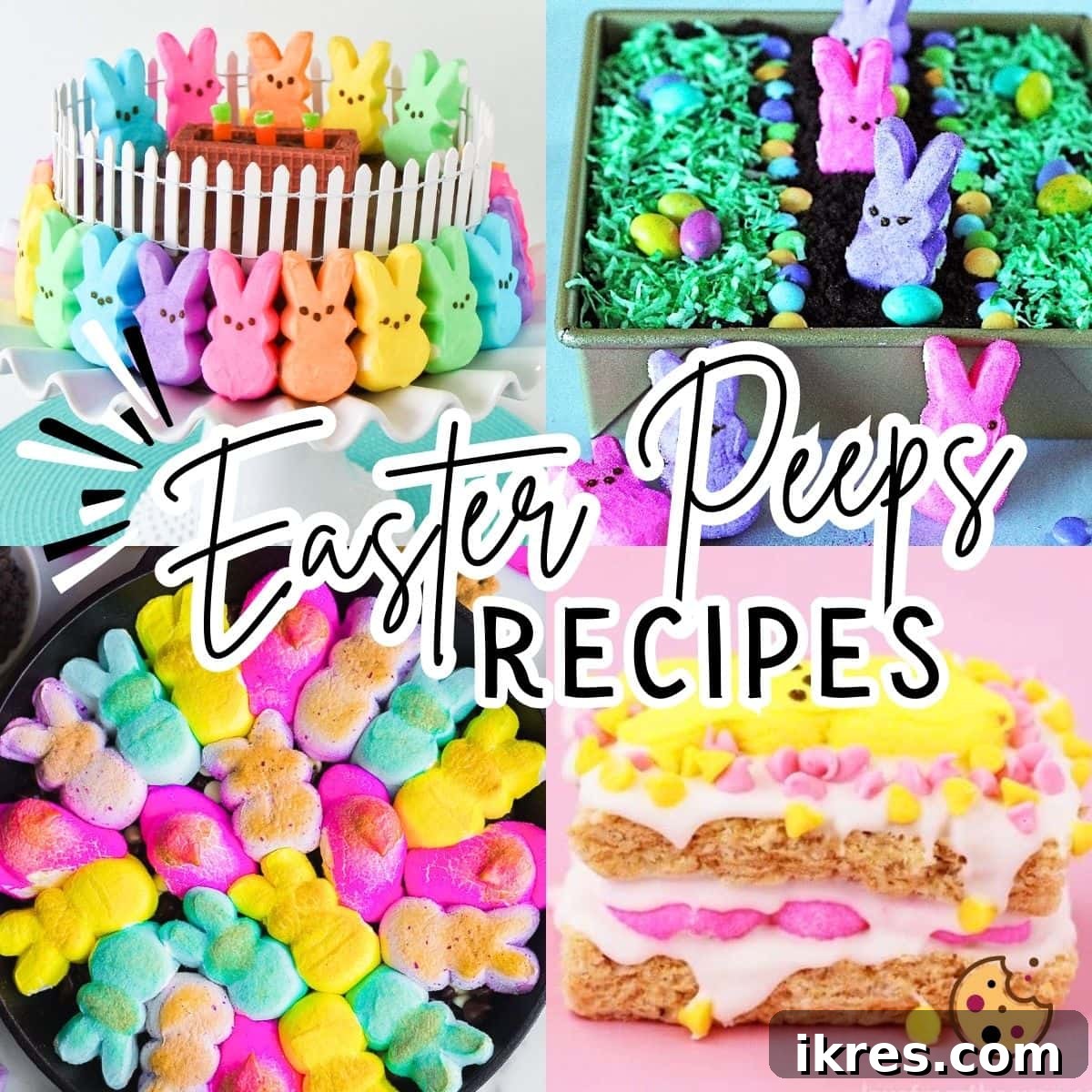 A vibrant collage showcasing diverse Easter Peeps recipes, including an Easter dirt cake, a gooey s'mores dip, and colorful Peeps rice krispie treats, all highlighting the versatility of marshmallow Peeps in festive desserts.