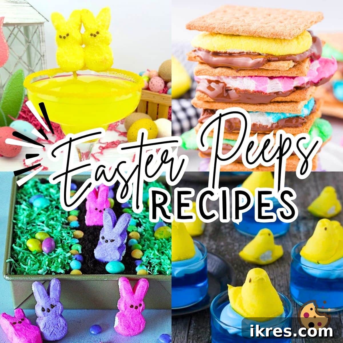 A charming collage of Easter Peeps recipes, featuring an inviting dirt cake, refreshing jello cups, classic s'mores, and delightful Peeps rice krispie treats, illustrating the joyful variety of Peeps desserts.