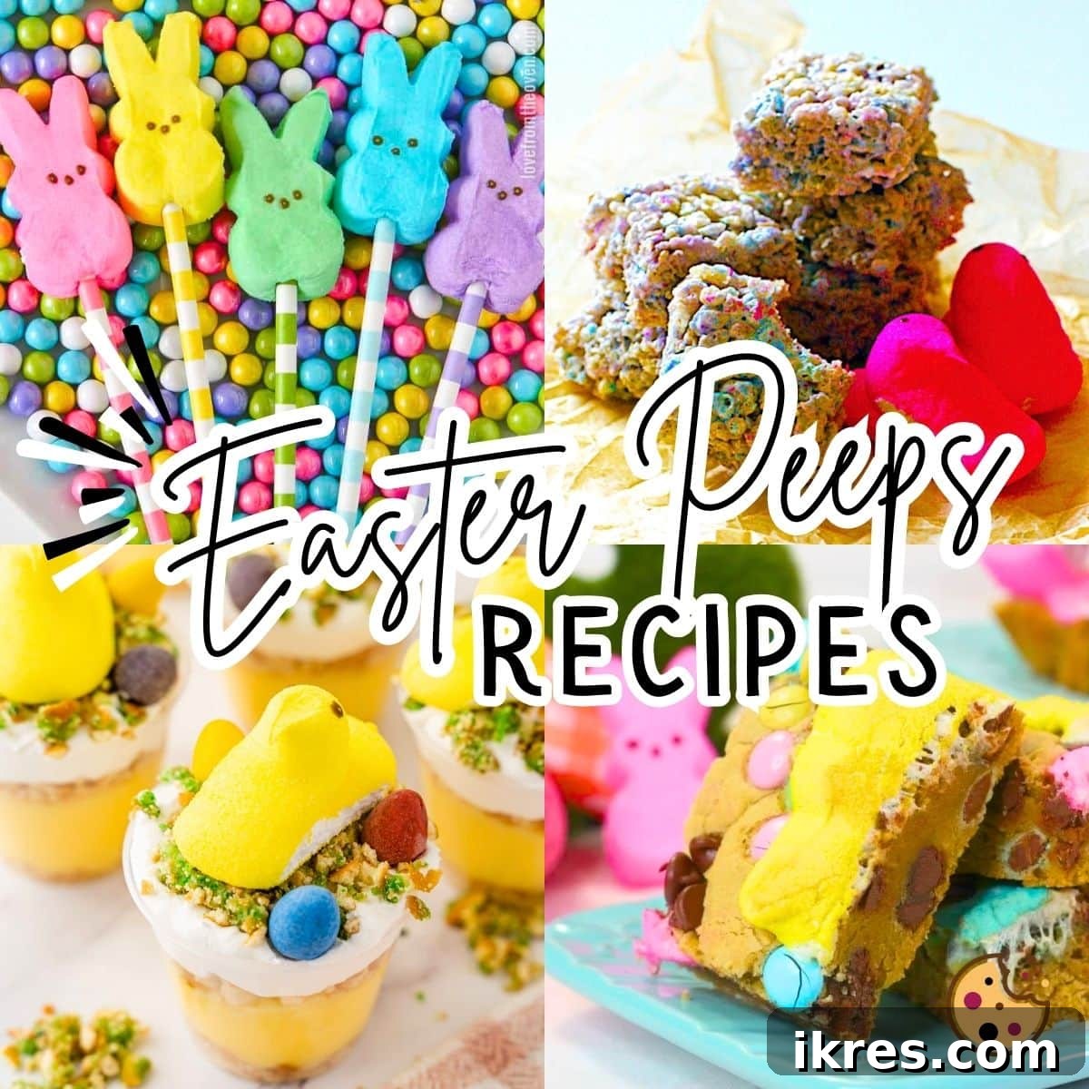 A second collage featuring creative Easter Peeps recipes, including adorable pudding cups, delightful Peeps cookie bars, and more colorful Peeps rice krispie treats, showcasing diverse ways to enjoy marshmallow Peeps.
