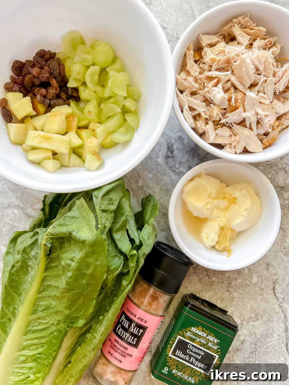 Speedy Rotisserie Chicken Salad Lettuce Cups 3 Chicken salad lettuce wraps ingredients laid out on a table, ready for preparation.