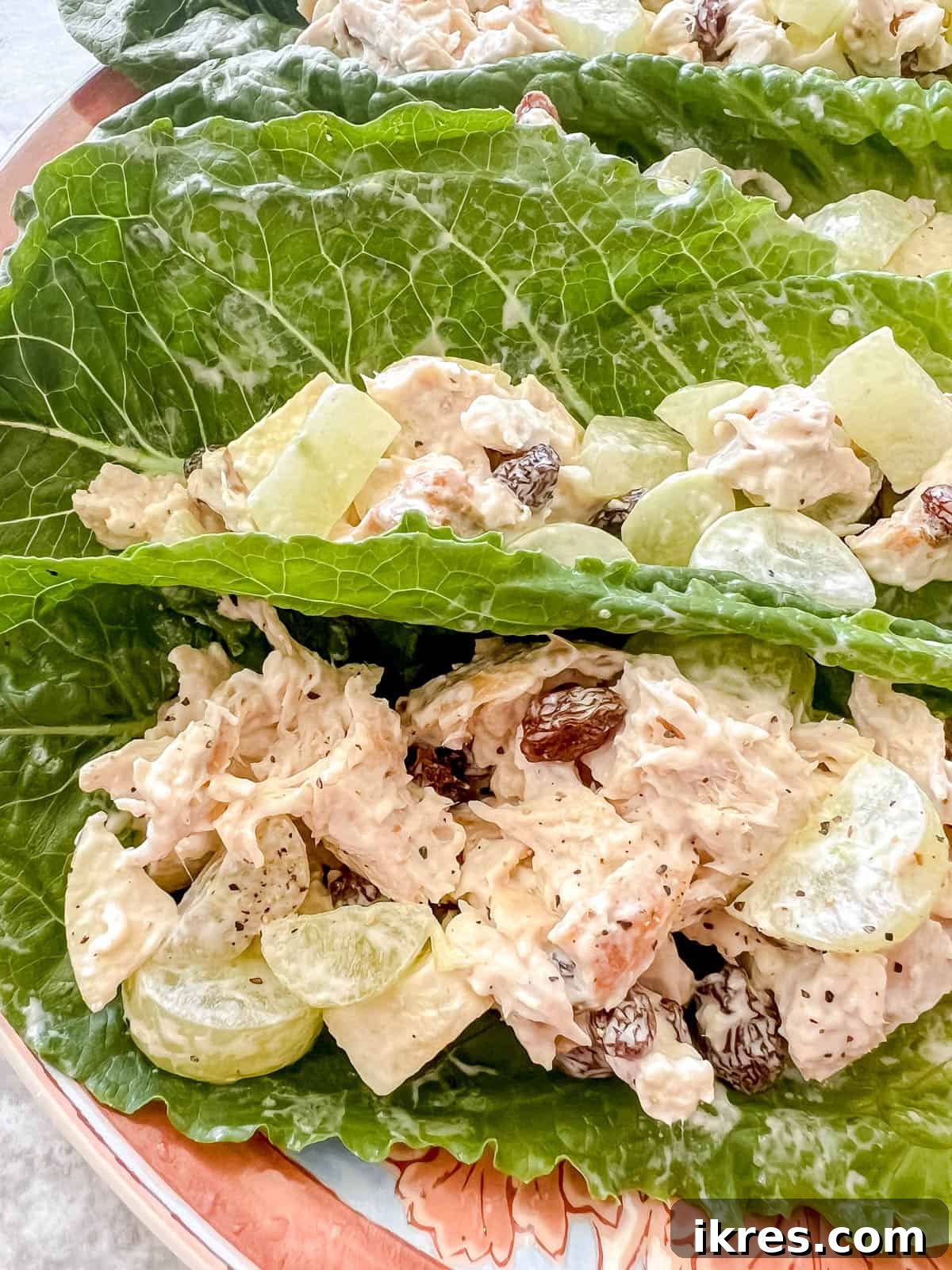 Speedy Rotisserie Chicken Salad Lettuce Cups 9 Lettuce wrap chicken salad on a plate, showcasing a close-up of the delicious filling.