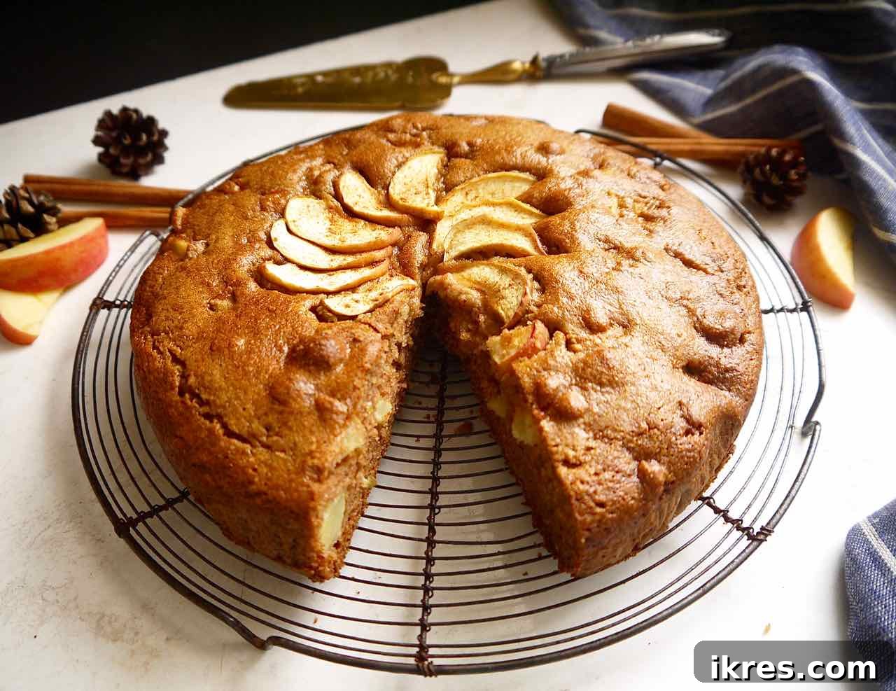 Wholesome Grain-Free Apple Cake with Almond Flour 3 A perfectly sliced piece of healthy gluten-free apple cake, revealing its moist texture and apple chunks.