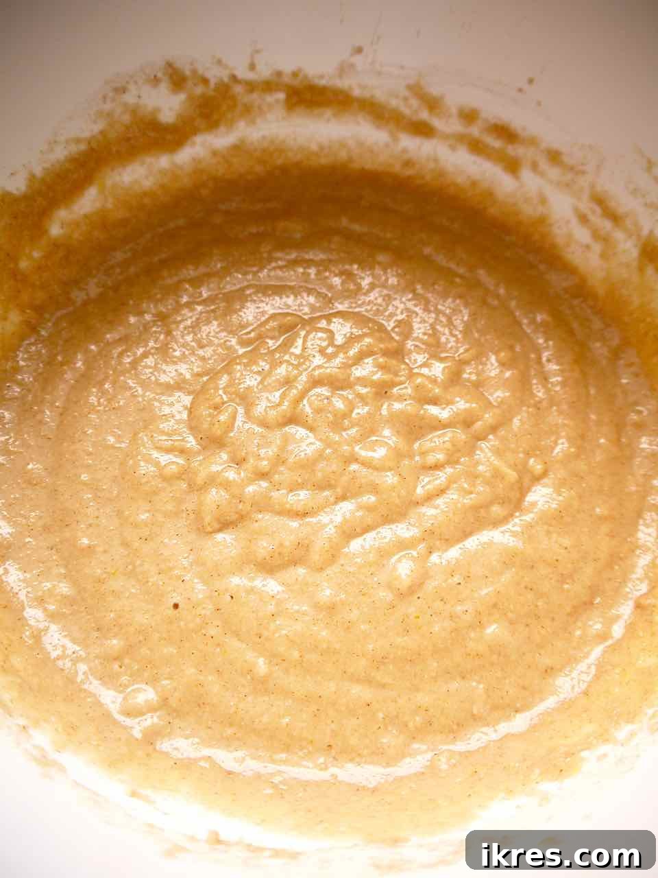 Wholesome Grain-Free Apple Cake with Almond Flour 6 Paleo apple cake batter being mixed, showing the combined wet and dry ingredients.