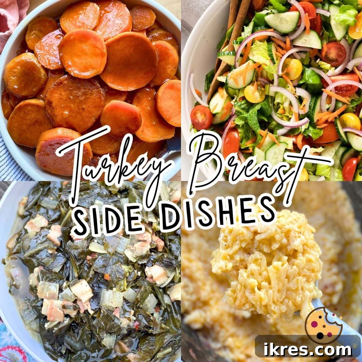 A collage of images featuring varied side dishes for turkey breast, including savory collard greens, fresh salad, and cheesy hash browns.