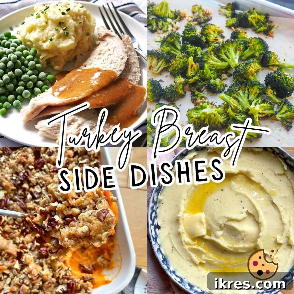 A collage of images showing versatile sides for turkey breast, including vibrant broccoli, sweet potato casserole, and classic mashed potatoes.