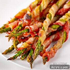 Super crispy bacon-wrapped asparagus spears.