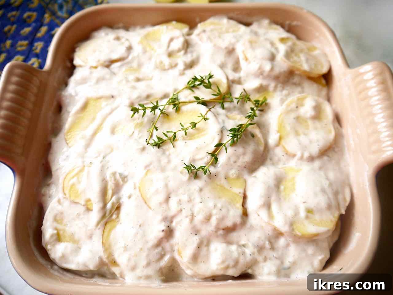 Creamy Dairy Free Scalloped Potatoes Paleo Whole30 Gluten Free 7 Layers of thinly sliced raw potatoes and creamy béchamel sauce being assembled in a baking dish.