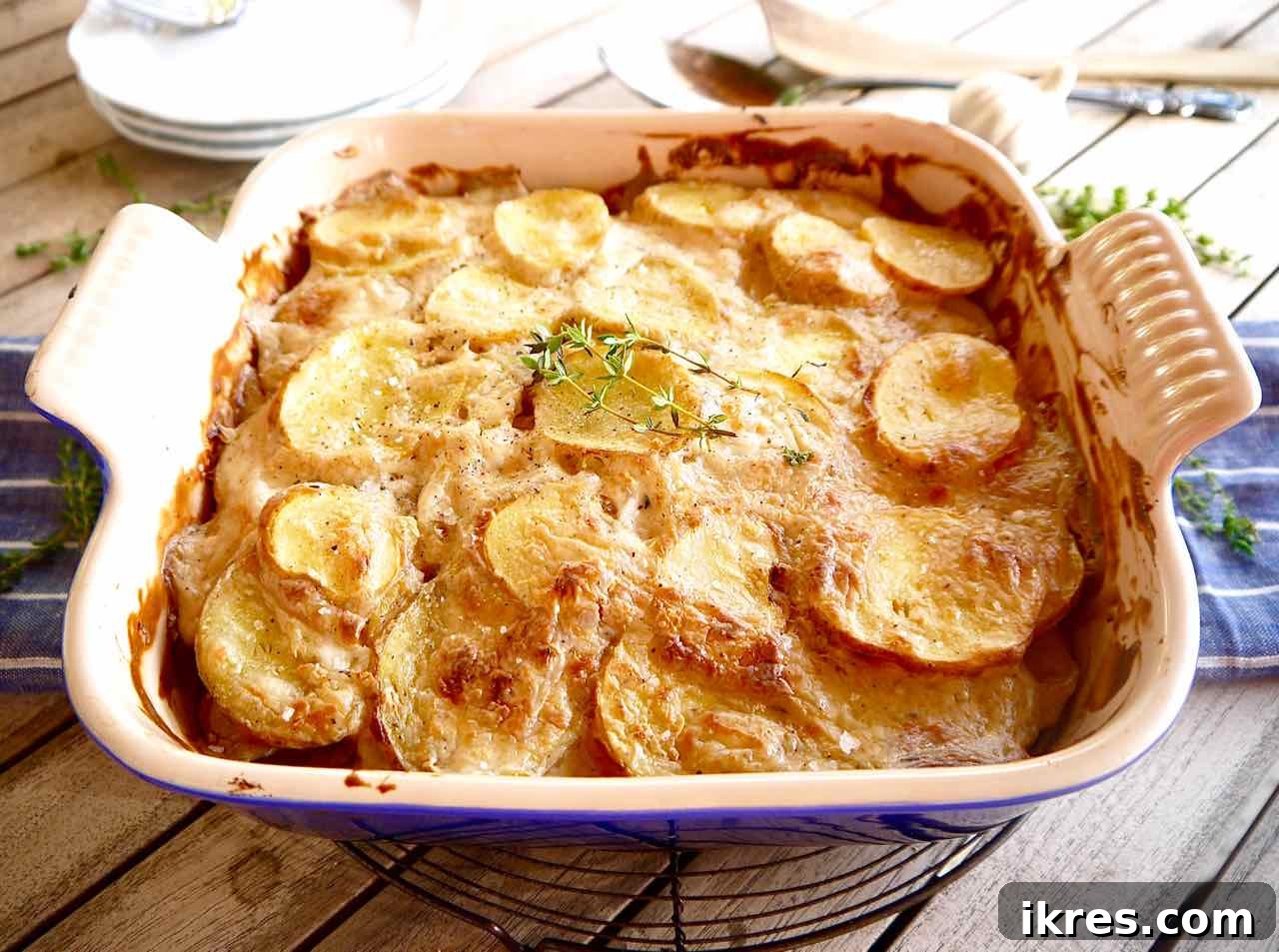 Creamy Dairy Free Scalloped Potatoes Paleo Whole30 Gluten Free 8 Freshly baked and golden brown potatoes au gratin, still hot in the oven dish.
