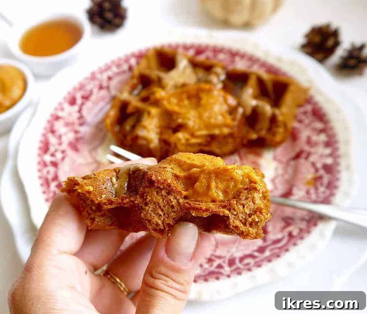 A bite of dairy-free pumpkin waffles in someone's hands.