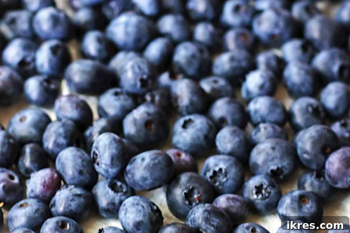 Fresh blueberries spread in a single layer on a baking sheet for freezing.